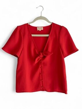 Sezane Eloine Red Tie Front Short Sleeve Button Down V Neck Blouse Size 36